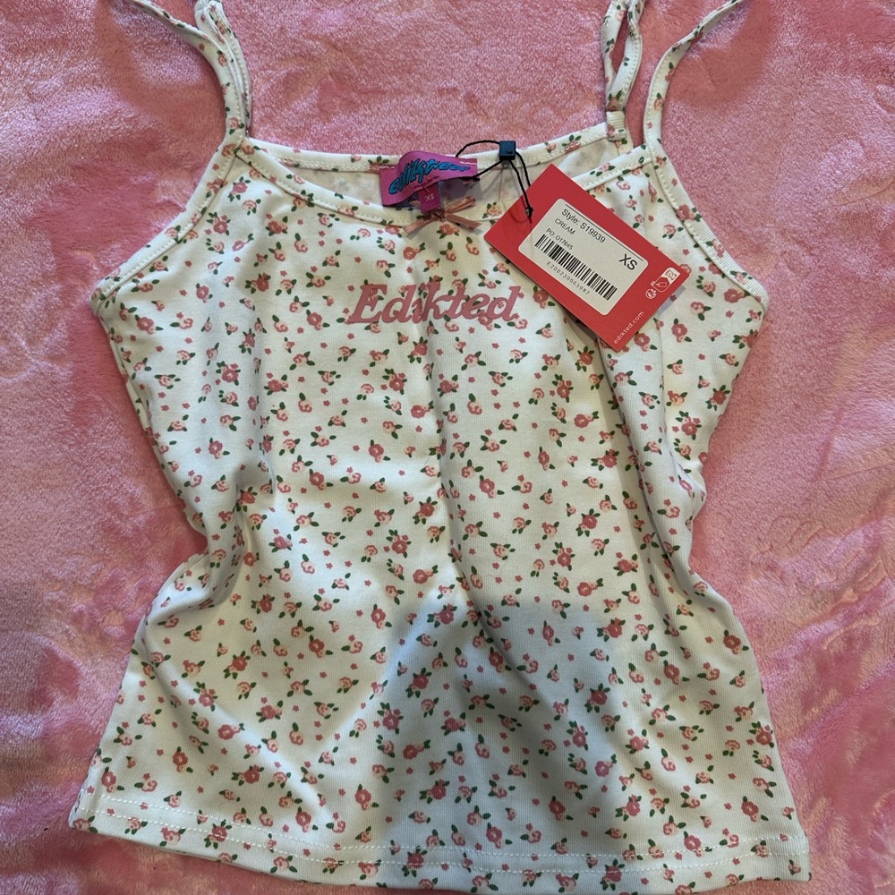 Edikted White and Pink Floral Tank Top